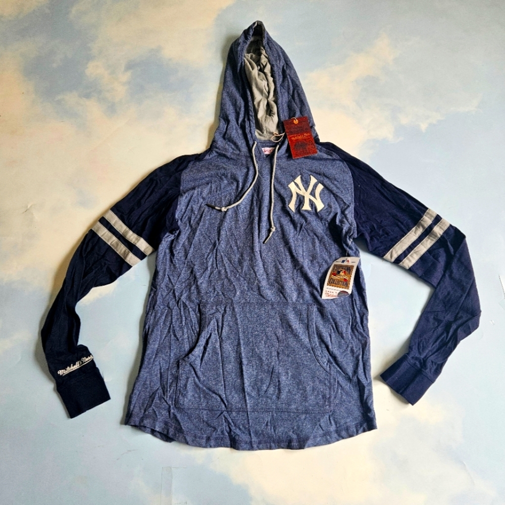 New York Yankees Blue Hooded Long Sleeve Shirt Yankees Logo Nyc Mitchell & Ness